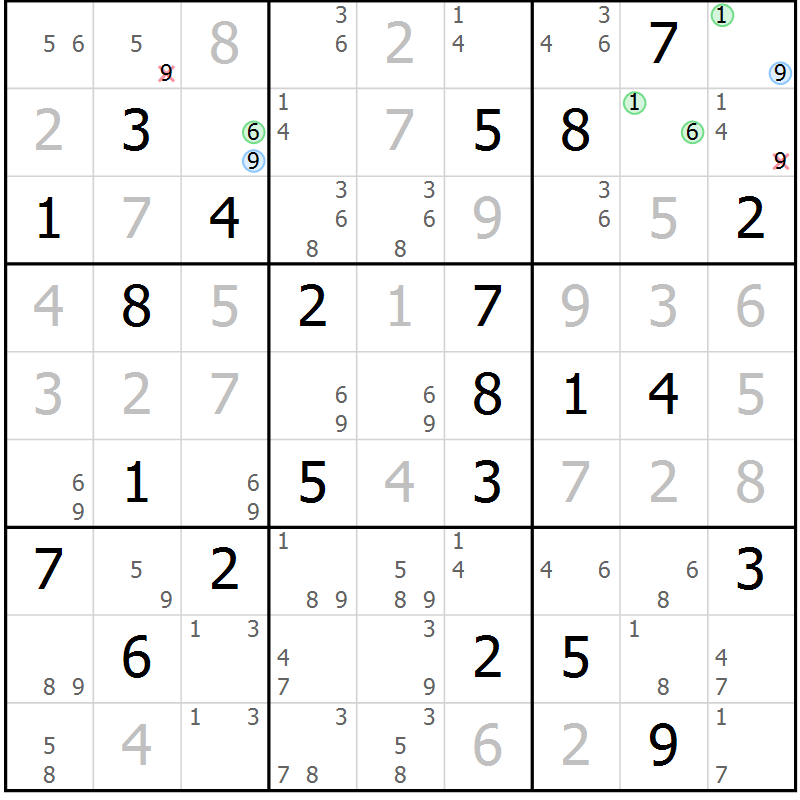 Position des candidats pour la solution de la Gr 73 page 76 du magazine de sudoku Suprême n° 027