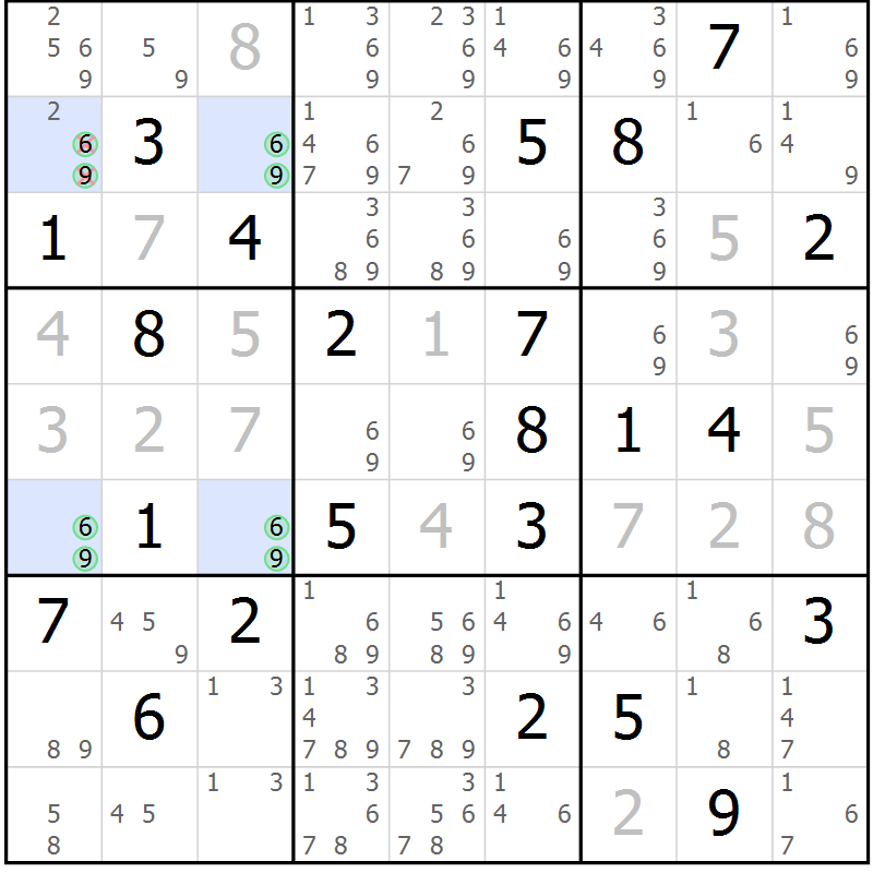 Position des candidats pour la solution de la Gr 73 page 76 du magazine de sudoku Suprême n° 027