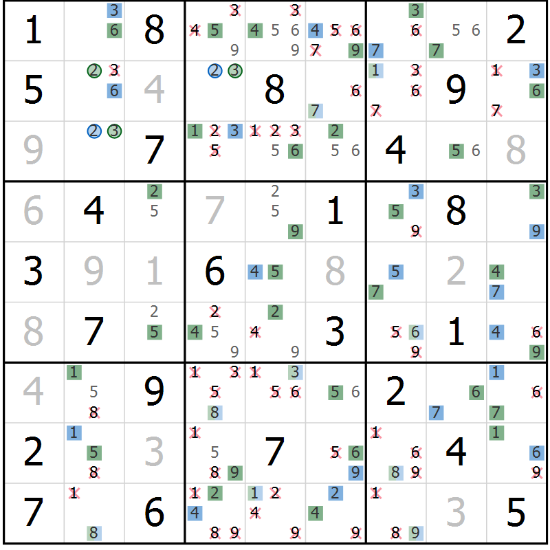 Position des candidats pour la solution de la Gr 78 page 81 du magazine de sudoku Suprême n° 027