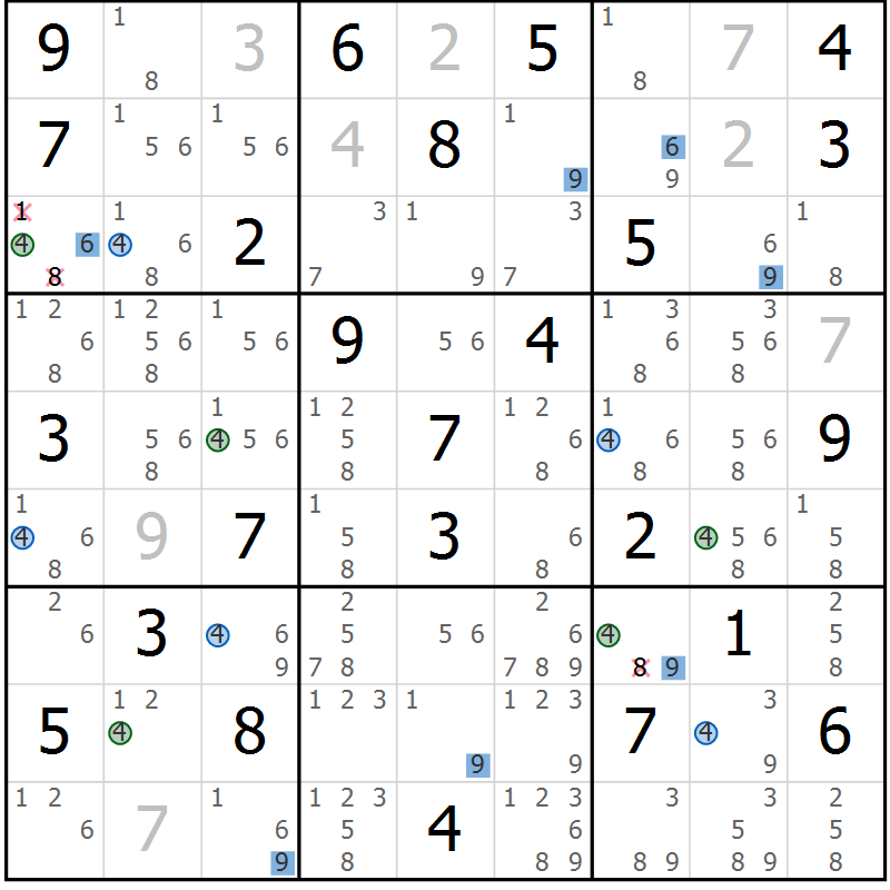 Position des candidats pour la solution de la Gr 80 page 83 du magazine de sudoku Suprême n° 027