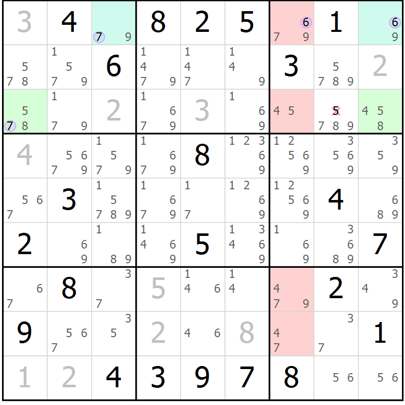 Position des candidats pour la solution de la Gr 10 page 13 du magazine de sudoku Suprême n° 028