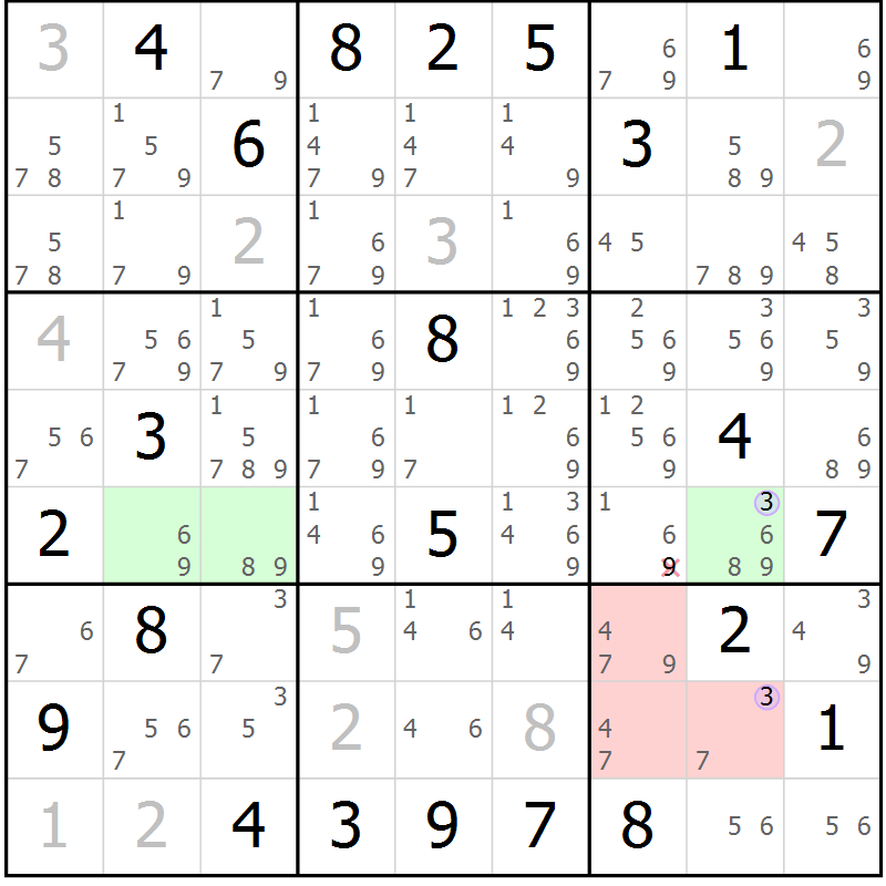 Position des candidats pour la solution de la Gr 10 page 13 du magazine de sudoku Suprême n° 028