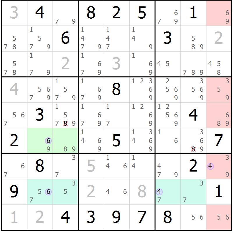 Position des candidats pour la solution de la Gr 10 page 13 du magazine de sudoku Suprême n° 028