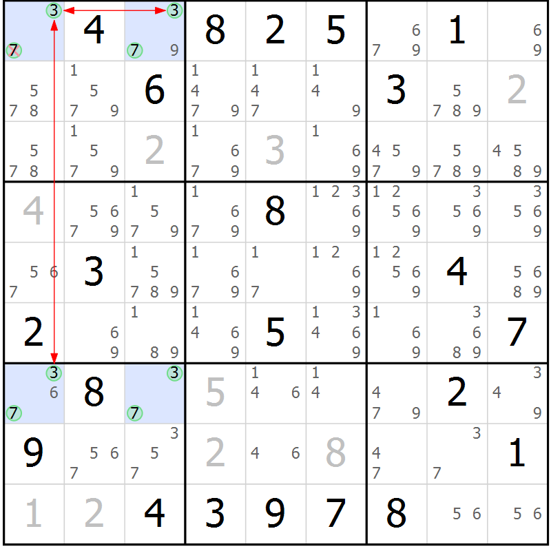 Position des candidats pour la solution de la Gr 10 page 13 du magazine de sudoku Suprême n° 028