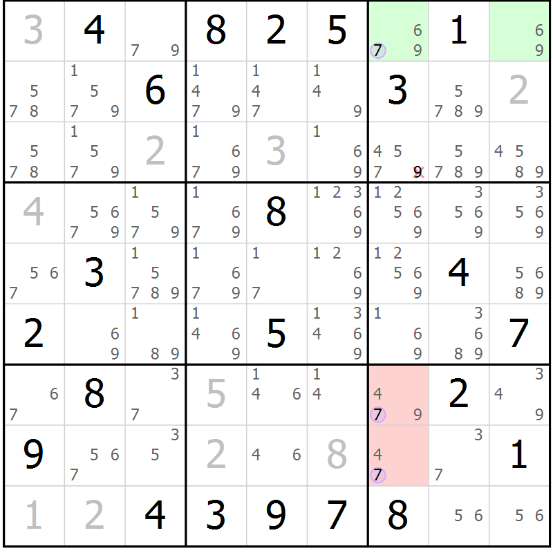 Position des candidats pour la solution de la Gr 10 page 13 du magazine de sudoku Suprême n° 028
