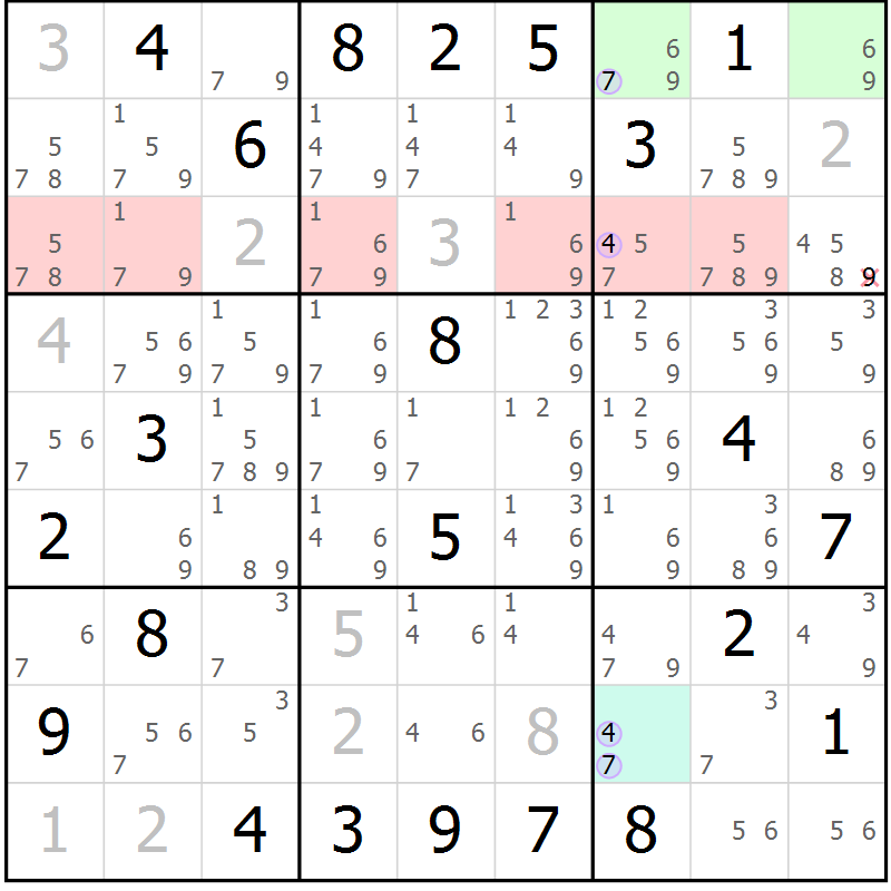 Position des candidats pour la solution de la Gr 10 page 13 du magazine de sudoku Suprême n° 028