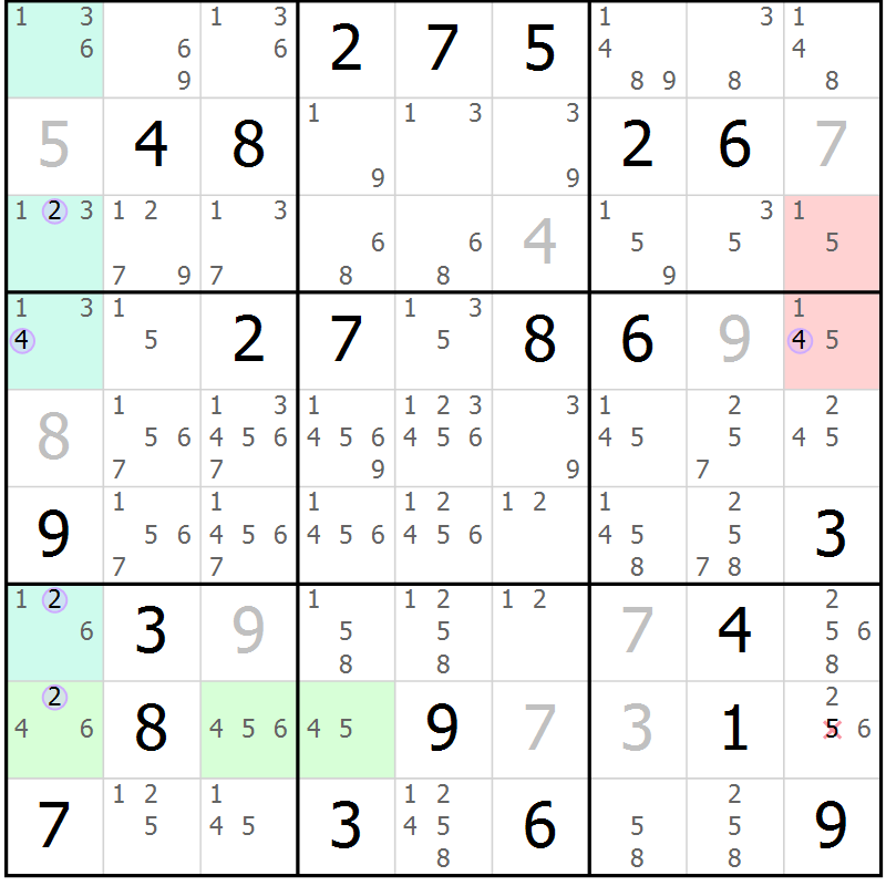Position des candidats pour la solution de la Gr 14 page 17 du magazine de sudoku Suprême n° 028