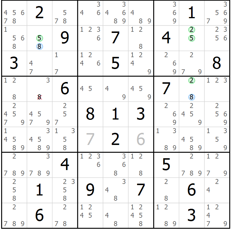 Position des candidats pour la solution de la Gr 15 page 18 du magazine de sudoku Suprême n° 028