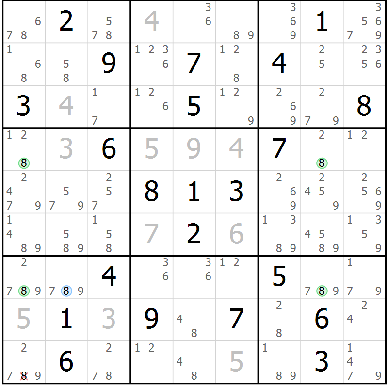Position des candidats pour la solution de la Gr 15 page 18 du magazine de sudoku Suprême n° 028