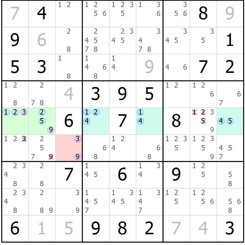 Position des candidats pour la solution de la Gr 16 page 19 du magazine de sudoku Suprême n° 028
