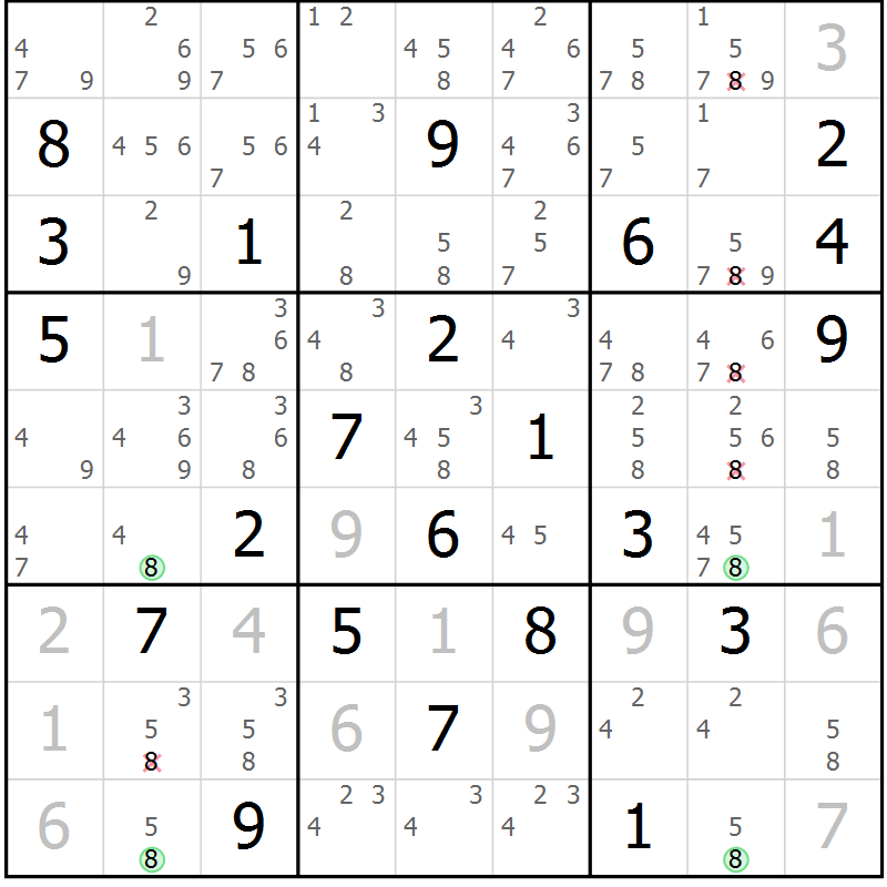 Position des candidats pour la solution de la Gr 17 page 20 du magazine de sudoku Suprême n° 028