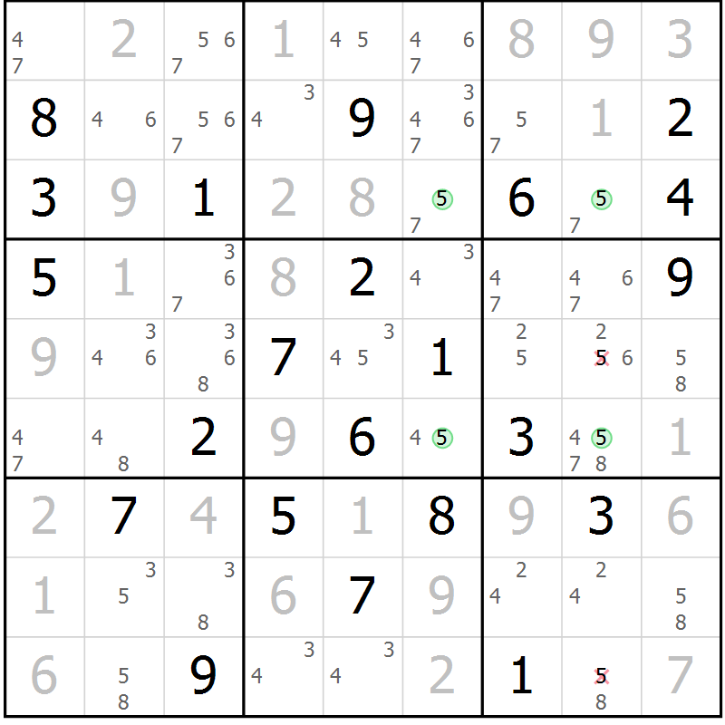 Position des candidats pour la solution de la Gr 17 page 20 du magazine de sudoku Suprême n° 028