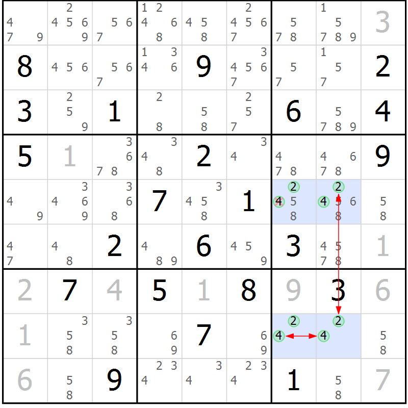 Position des candidats pour la solution de la Gr 17 page 20 du magazine de sudoku Suprême n° 028