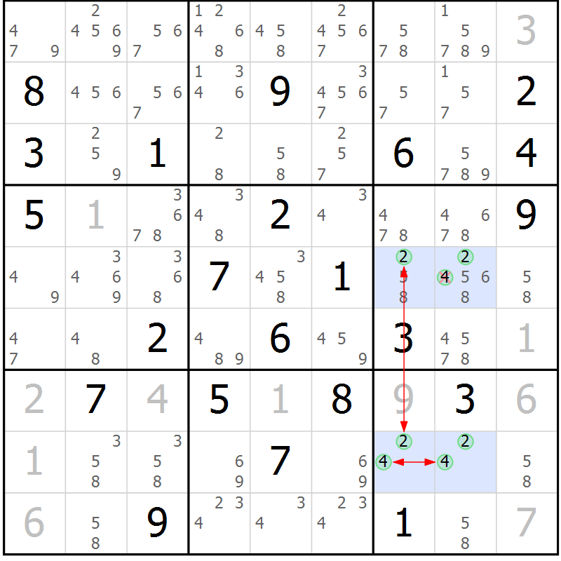 Position des candidats pour la solution de la Gr 17 page 20 du magazine de sudoku Suprême n° 028