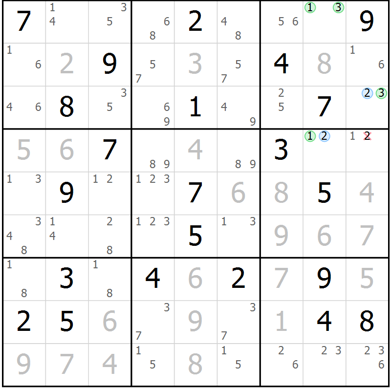 Position des candidats pour la solution de la Gr 18 page 21 du magazine de sudoku Suprême n° 028