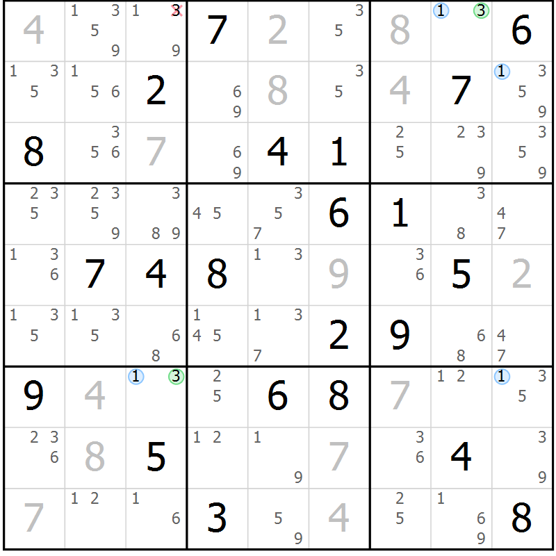 Position des candidats pour la solution de la Gr 19 page 22 du magazine de sudoku Suprême n° 028