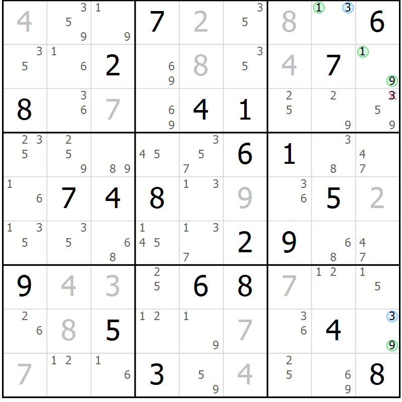 Position des candidats pour la solution de la Gr 19 page 22 du magazine de sudoku Suprême n° 028