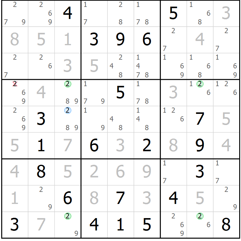 Position des candidats pour la solution de la Gr 2 page 5 du magazine de sudoku Suprême n° 028