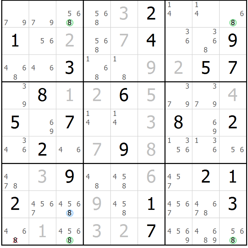 Position des candidats pour la solution de la Gr 20 page 23 du magazine de sudoku Suprême n° 028