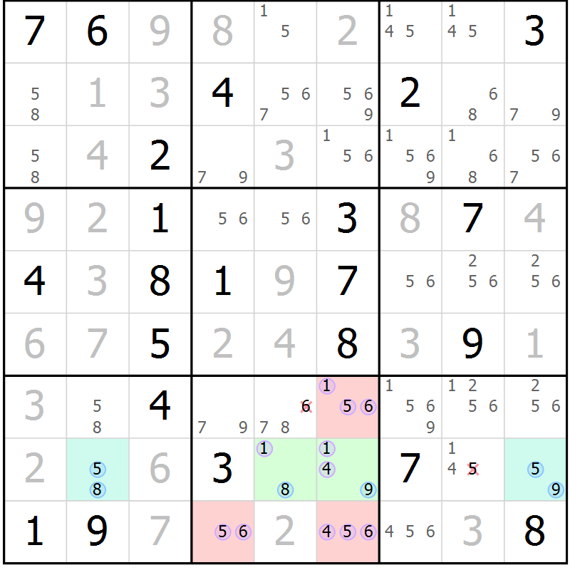 Position des candidats pour la solution de la Gr 21 page 24 du magazine de sudoku Suprême n° 028