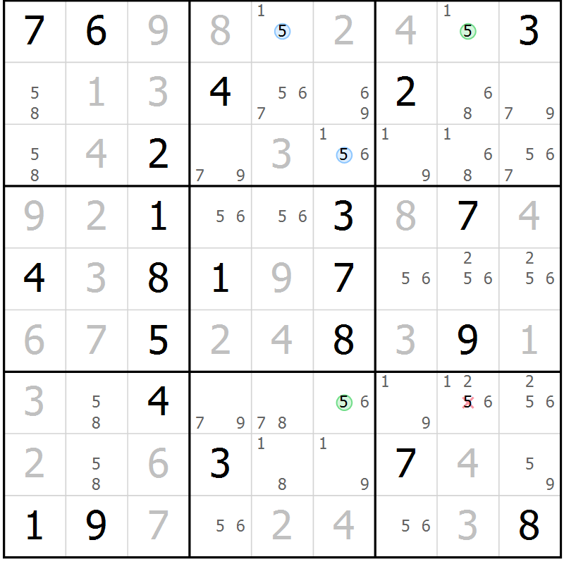 Position des candidats pour la solution de la Gr 21 page 24 du magazine de sudoku Suprême n° 028