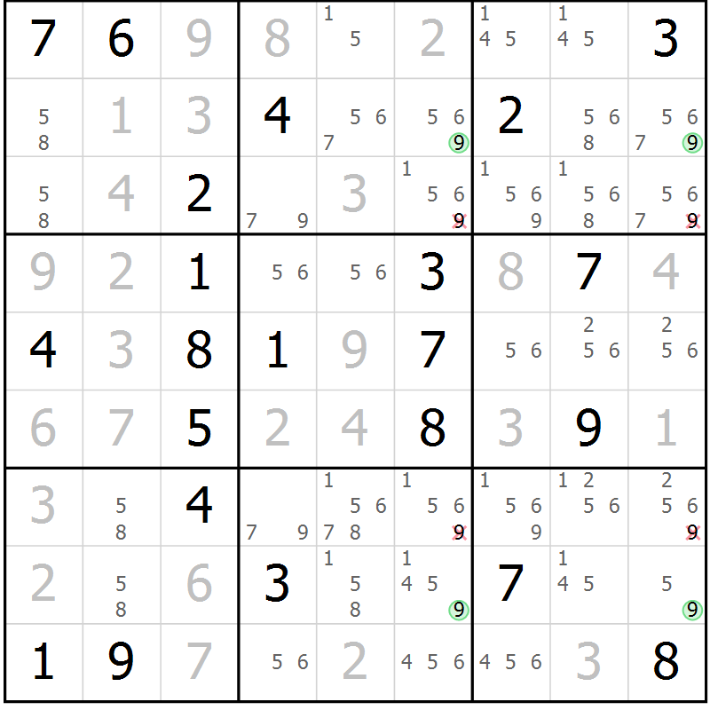Position des candidats pour la solution de la Gr 21 page 24 du magazine de sudoku Suprême n° 028