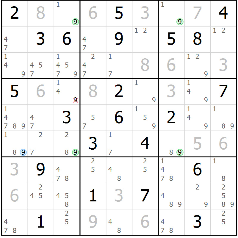 Position des candidats pour la solution de la Gr 22 page 25 du magazine de sudoku Suprême n° 028