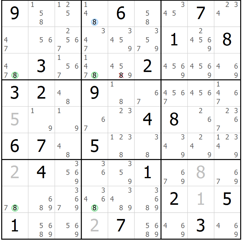 Position des candidats pour la solution de la Gr 23 page 26 du magazine de sudoku Suprême n° 028