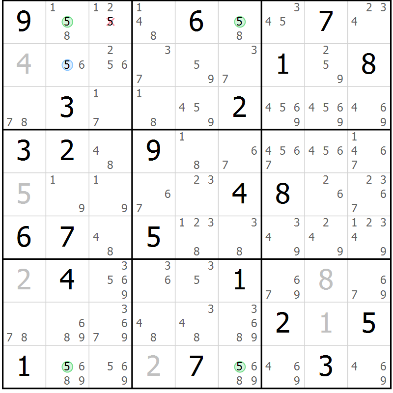 Position des candidats pour la solution de la Gr 23 page 26 du magazine de sudoku Suprême n° 028