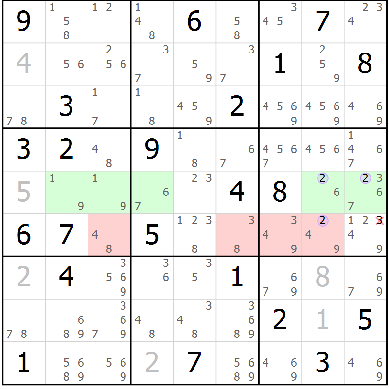 Position des candidats pour la solution de la Gr 23 page 26 du magazine de sudoku Suprême n° 028