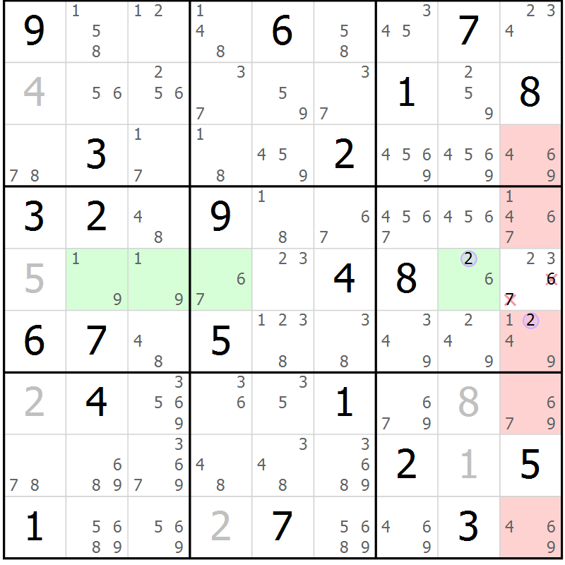 Position des candidats pour la solution de la Gr 23 page 26 du magazine de sudoku Suprême n° 028