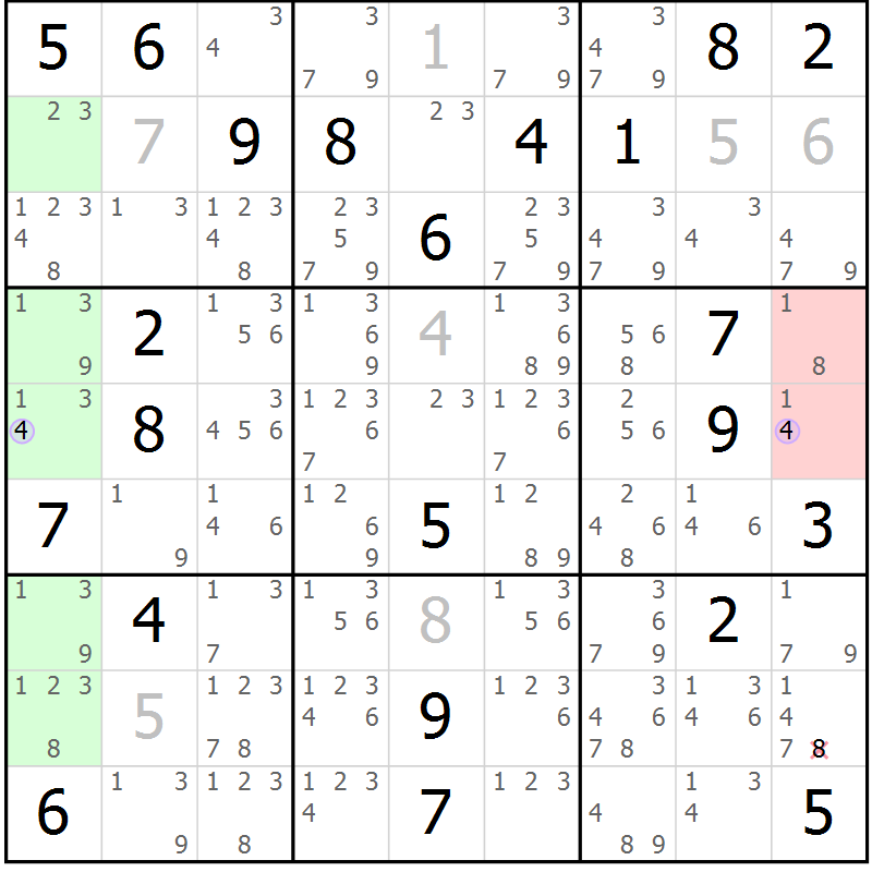 Position des candidats pour la solution de la Gr 25 page 28 du magazine de sudoku Suprême n° 028