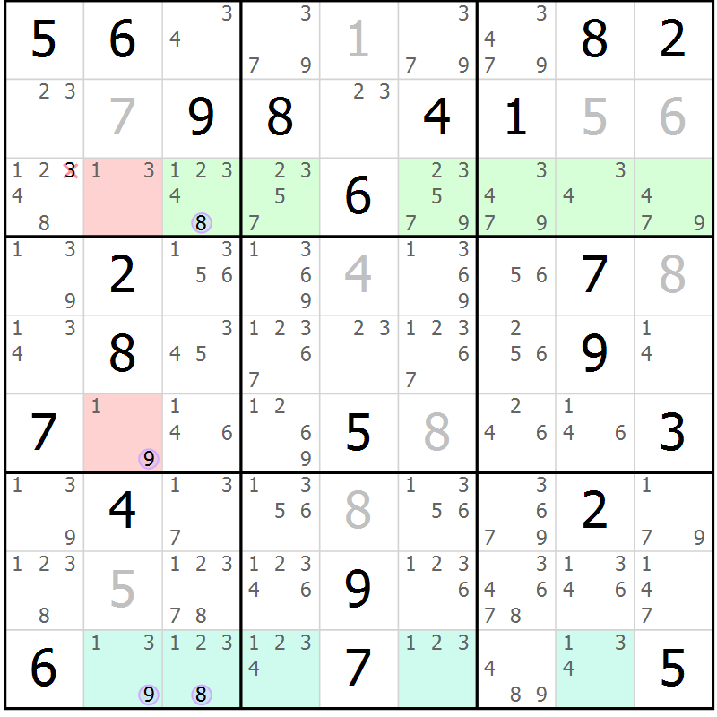 Position des candidats pour la solution de la Gr 25 page 28 du magazine de sudoku Suprême n° 028