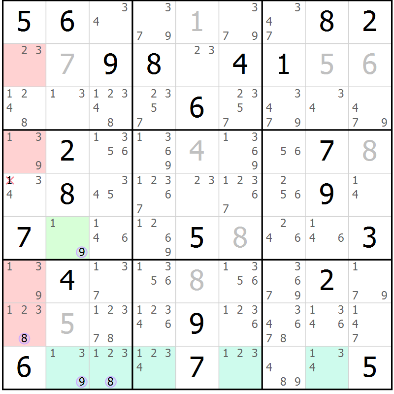 Position des candidats pour la solution de la Gr 25 page 28 du magazine de sudoku Suprême n° 028