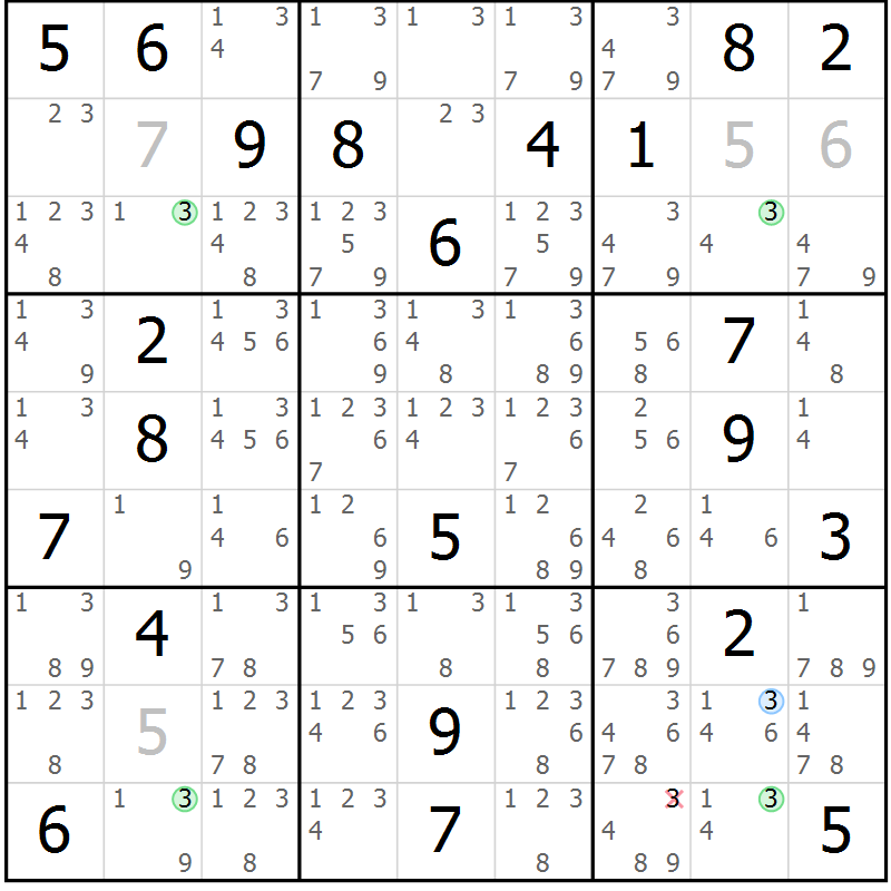 Position des candidats pour la solution de la Gr 25 page 28 du magazine de sudoku Suprême n° 028