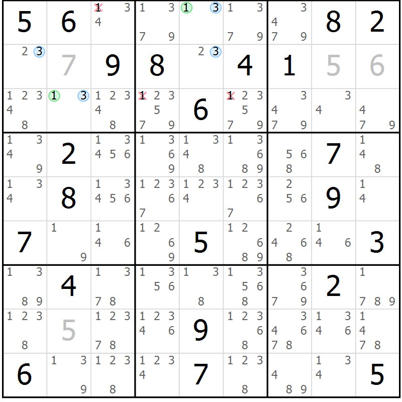 Position des candidats pour la solution de la Gr 25 page 28 du magazine de sudoku Suprême n° 028