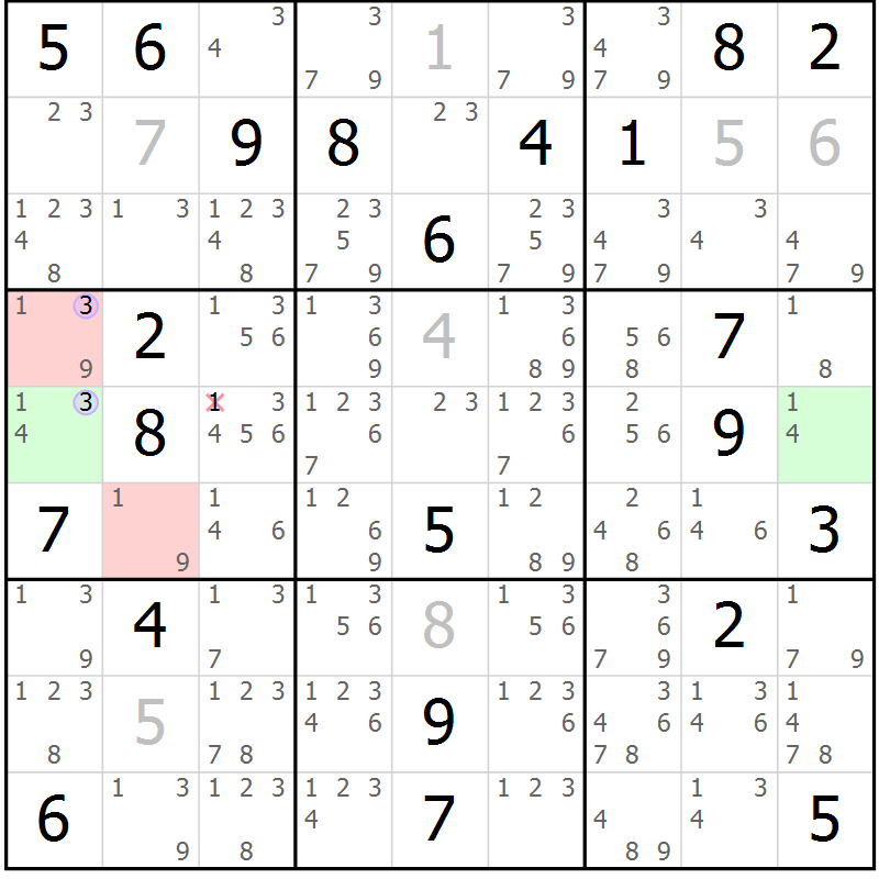 Position des candidats pour la solution de la Gr 25 page 28 du magazine de sudoku Suprême n° 028