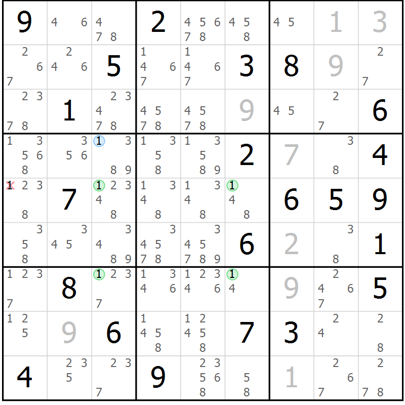 Position des candidats pour la solution de la Gr 26 page 29 du magazine de sudoku Suprême n° 028