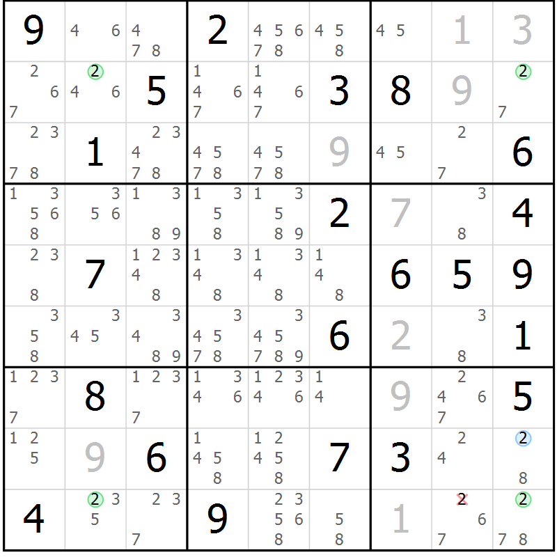 Position des candidats pour la solution de la Gr 26 page 29 du magazine de sudoku Suprême n° 028