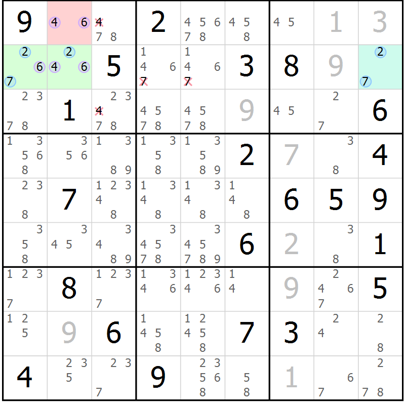 Position des candidats pour la solution de la Gr 26 page 29 du magazine de sudoku Suprême n° 028