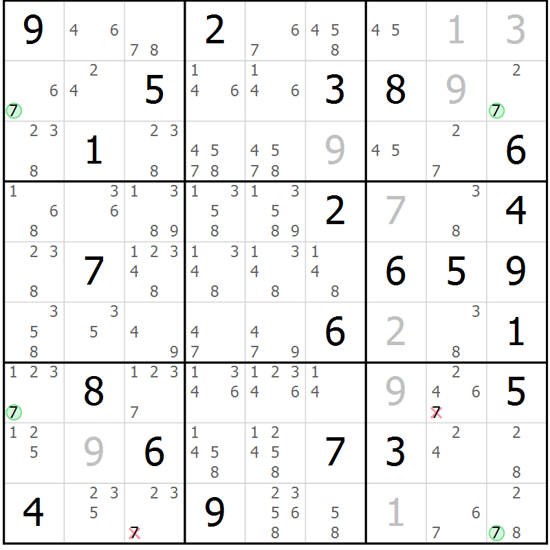 Position des candidats pour la solution de la Gr 26 page 29 du magazine de sudoku Suprême n° 028