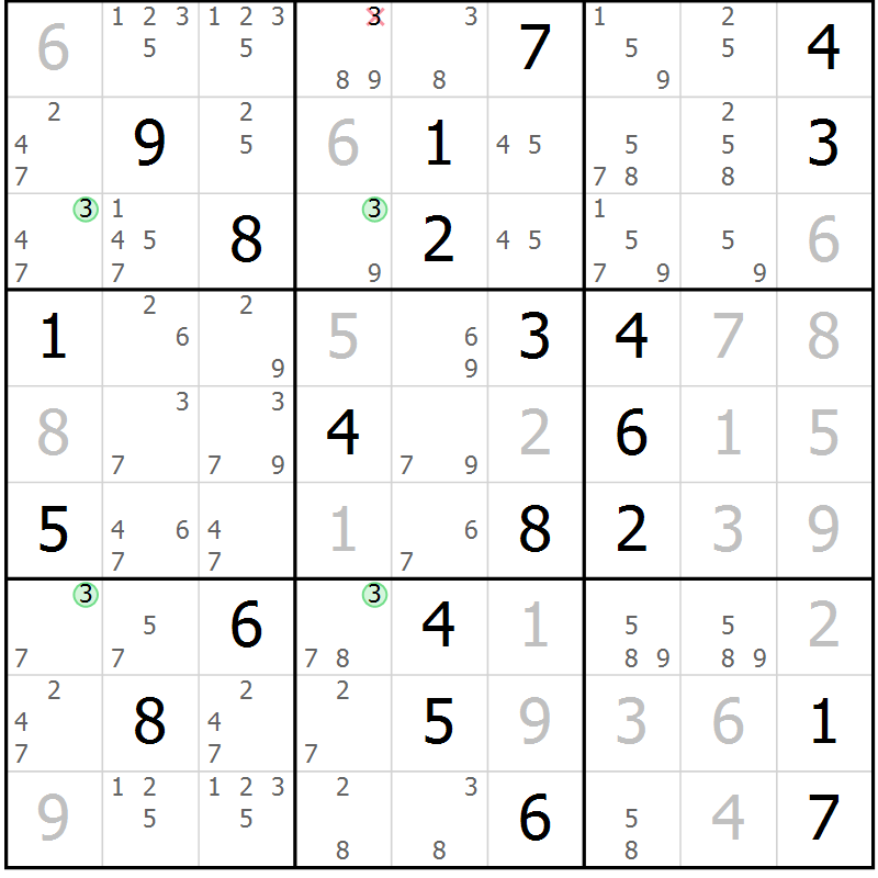 Position des candidats pour la solution de la Gr 27 page 30 du magazine de sudoku Suprême n° 028