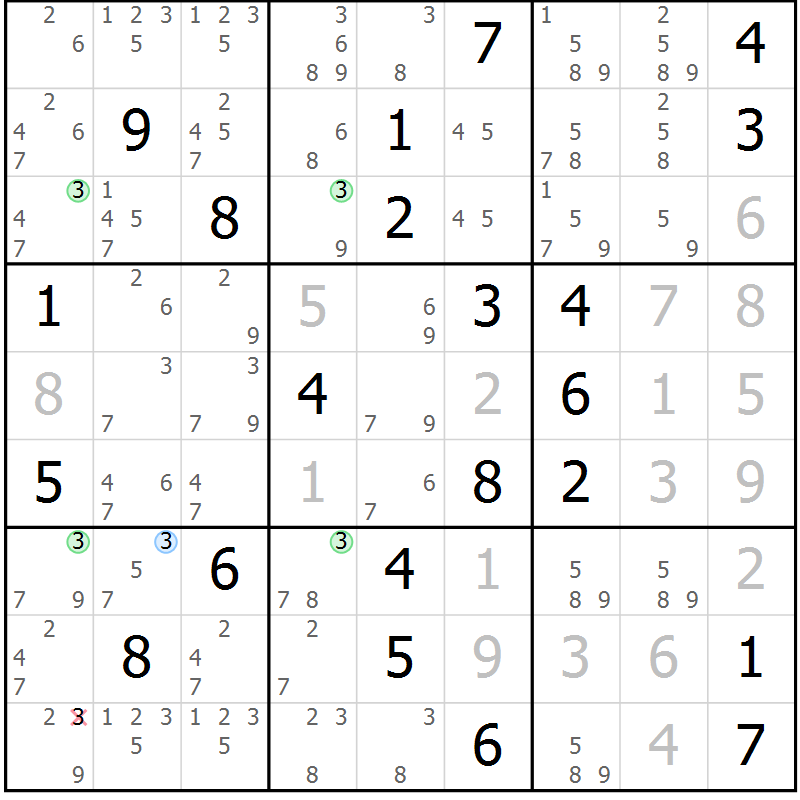 Position des candidats pour la solution de la Gr 27 page 30 du magazine de sudoku Suprême n° 028