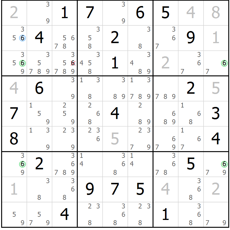 Position des candidats pour la solution de la Gr 3 page 6 du magazine de sudoku Suprême n° 028