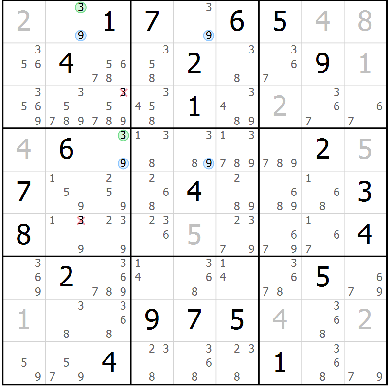 Position des candidats pour la solution de la Gr 3 page 6 du magazine de sudoku Suprême n° 028