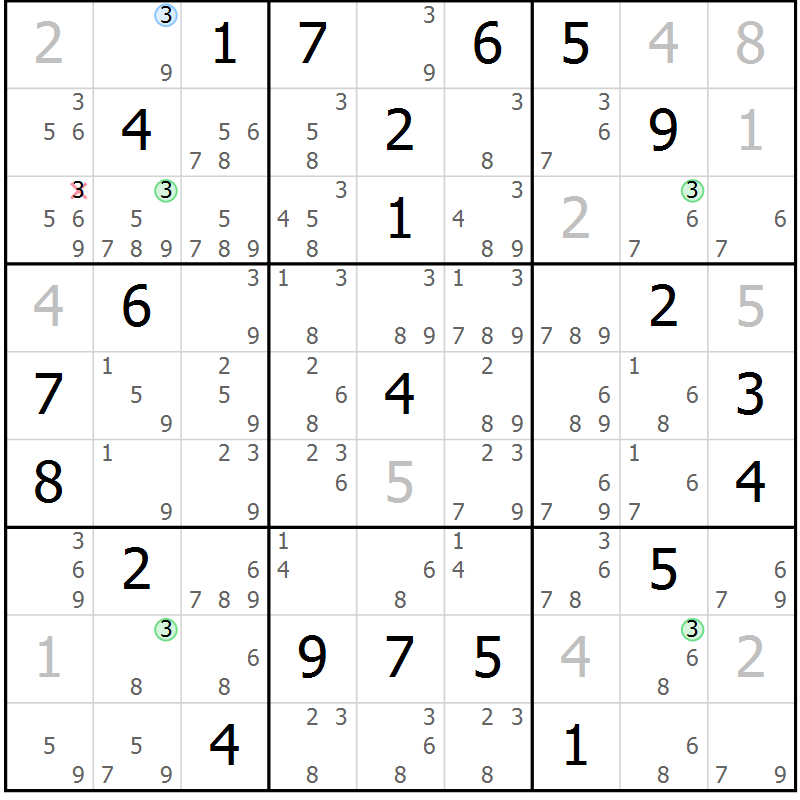 Position des candidats pour la solution de la Gr 3 page 6 du magazine de sudoku Suprême n° 028
