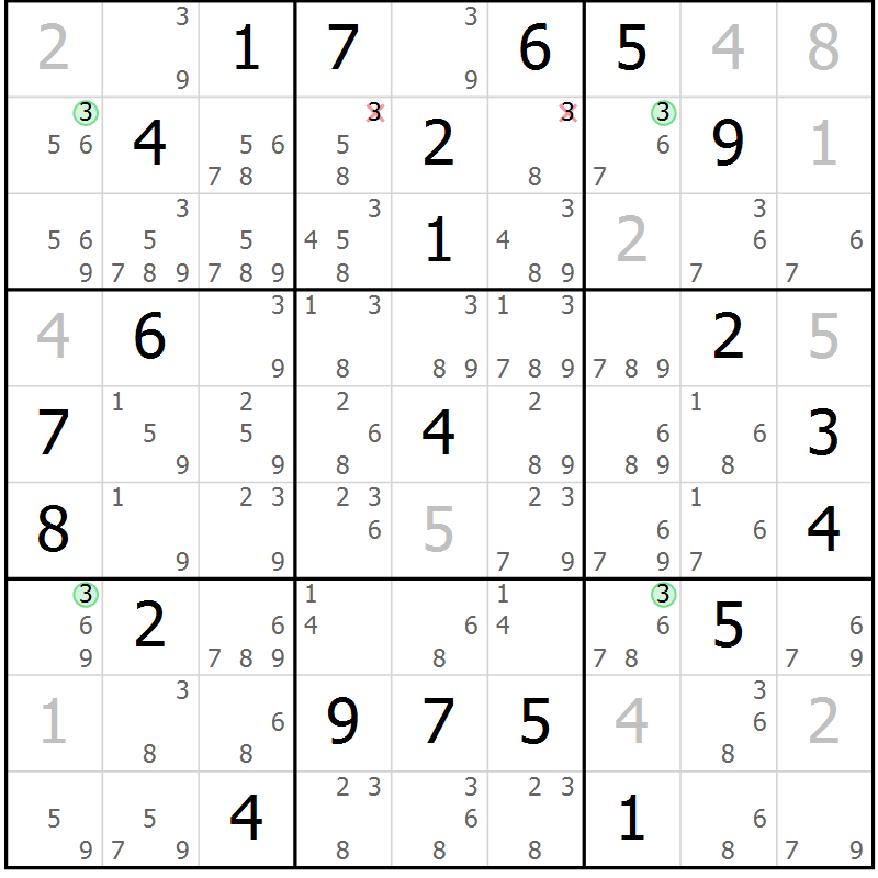 Position des candidats pour la solution de la Gr 3 page 6 du magazine de sudoku Suprême n° 028