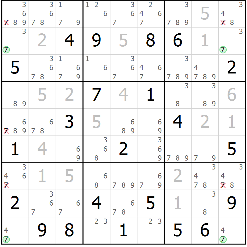 Position des candidats pour la solution de la Gr 31 page 34 du magazine de sudoku Suprême n° 028