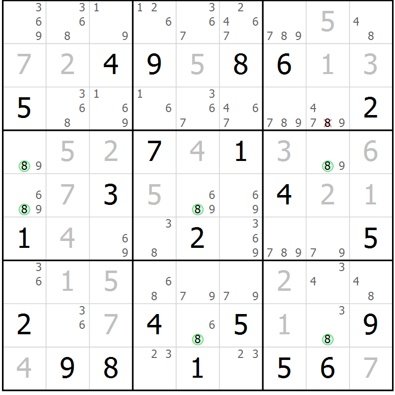 Position des candidats pour la solution de la Gr 31 page 34 du magazine de sudoku Suprême n° 028