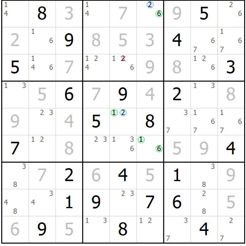 Position des candidats pour la solution de la Gr 32 page 35 du magazine de sudoku Suprême n° 028